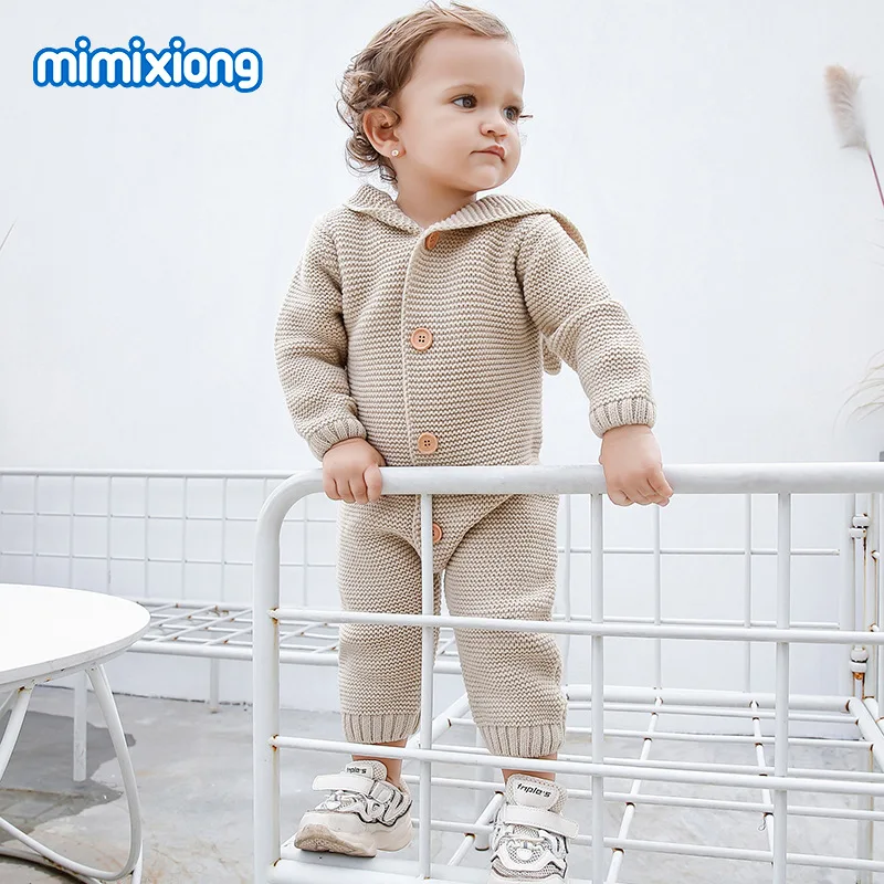 

2021 Infant Autumn Romper Boys and Girls Knitted Long Sleeve Hooded Jumpsuit New Born Baby Clothes Baby Rompers Baby Costume