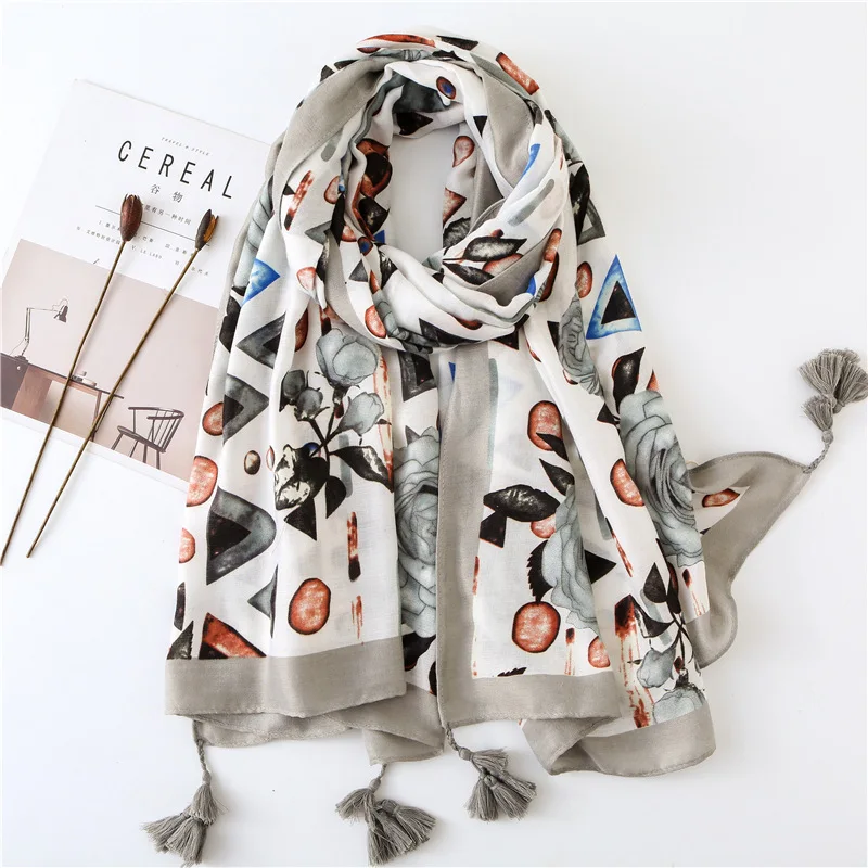 

Luxury Brand women winter tassels hijab 2020 Cotton and hemp Shawl Autumn Sunscreen silk Scarf popular colour print Long scarves