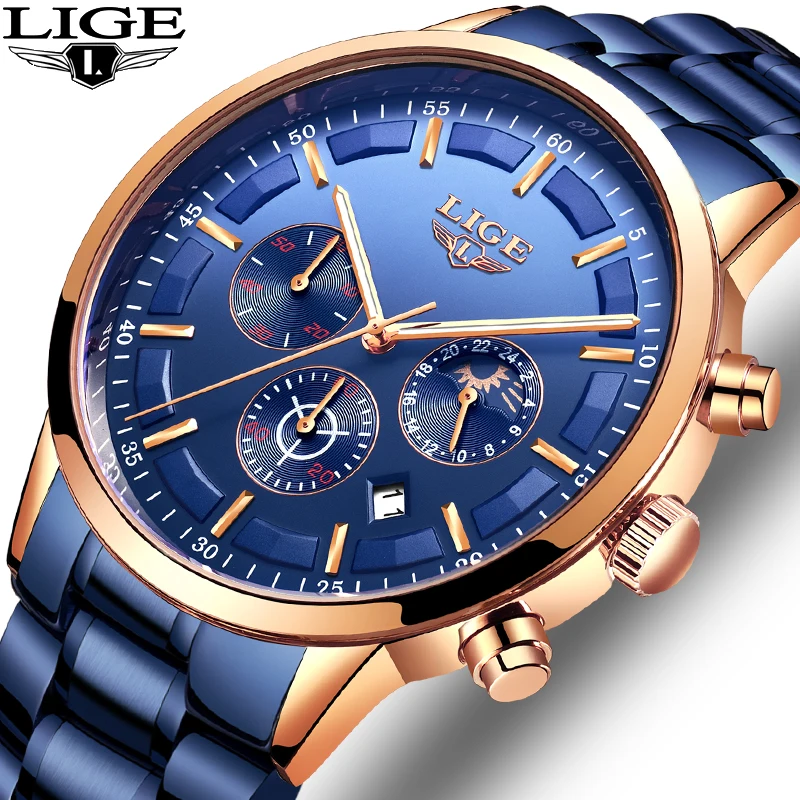 

Часы наручные LIGE Мужские кварцевые, модные брендовые Роскошные полностью стальные водонепроницаемые спортивные с хронографом, с датой, Лун...