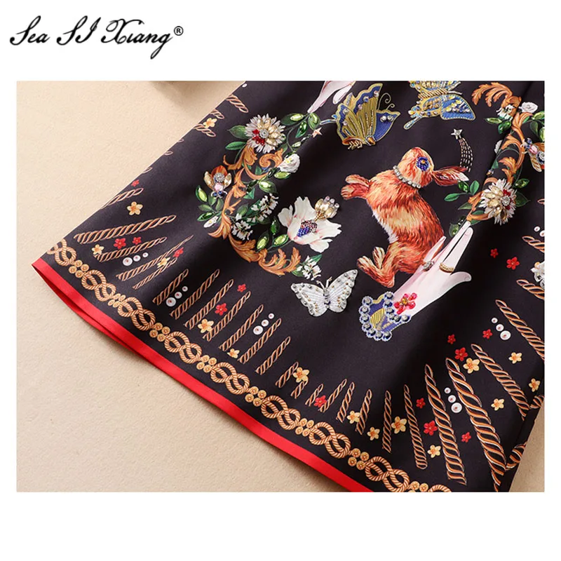 

Seasixiang Fashion Designer Spring Dress Women's Long Sleeve Diamonds Vintage Floral-Print Mini Dresses +Short Tops