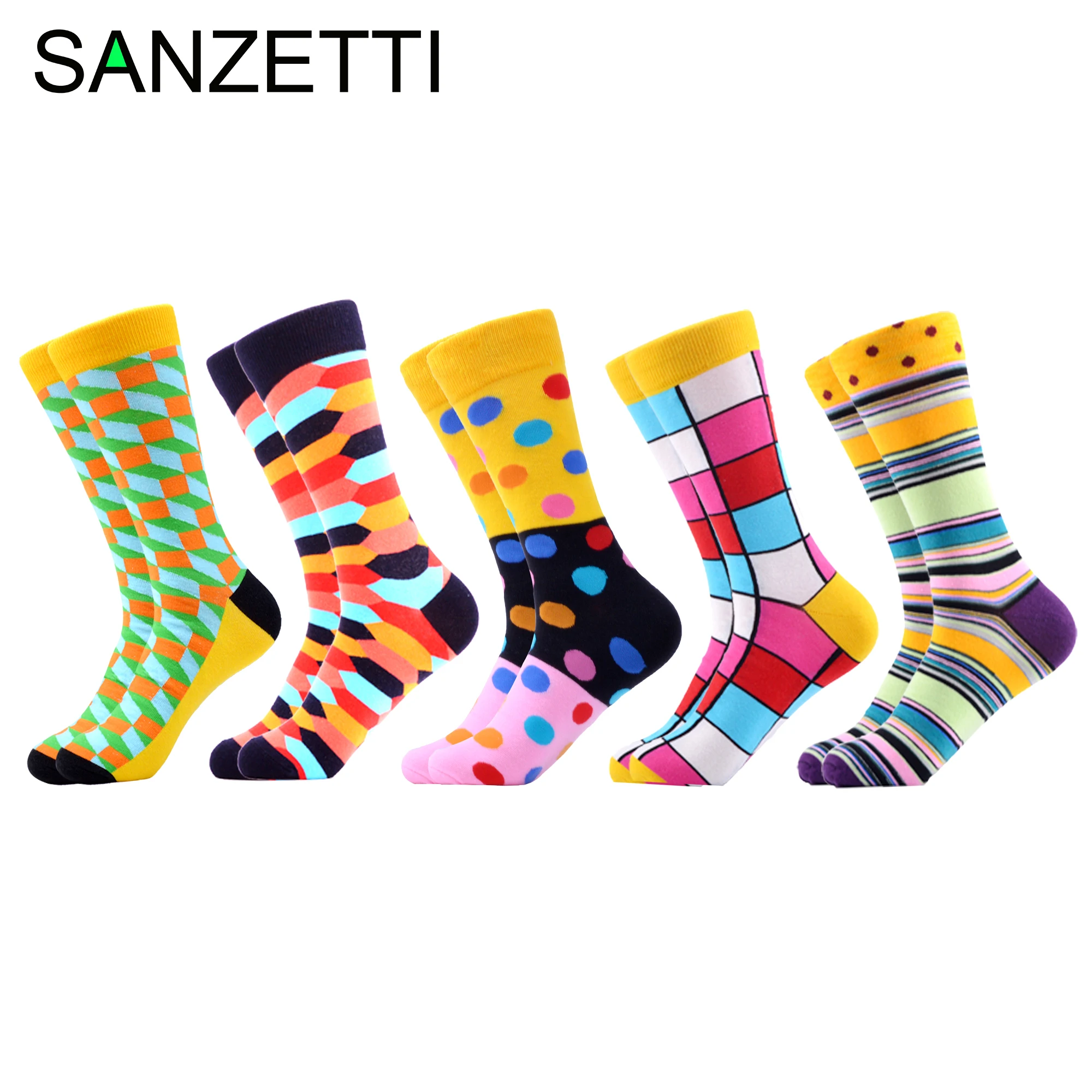 SANZETTI 5 пар/партия новые мужские цветные удобные повседневные носки для скейтборда забавные Свадебные носки с геометрическим узором