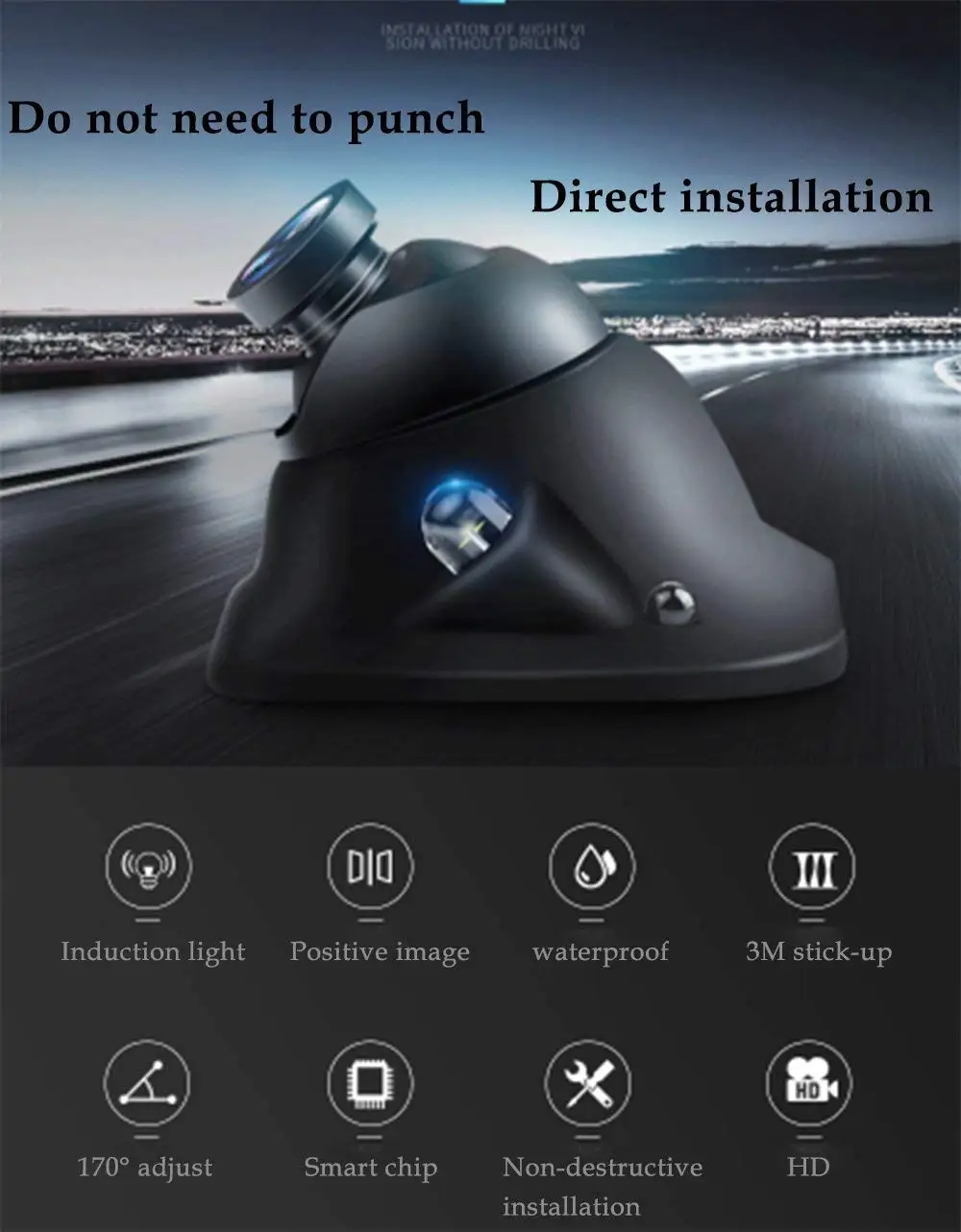 

Car side view blind spot camera HD night vision non-destructive installation intelligent fill light lens 360 adjustable
