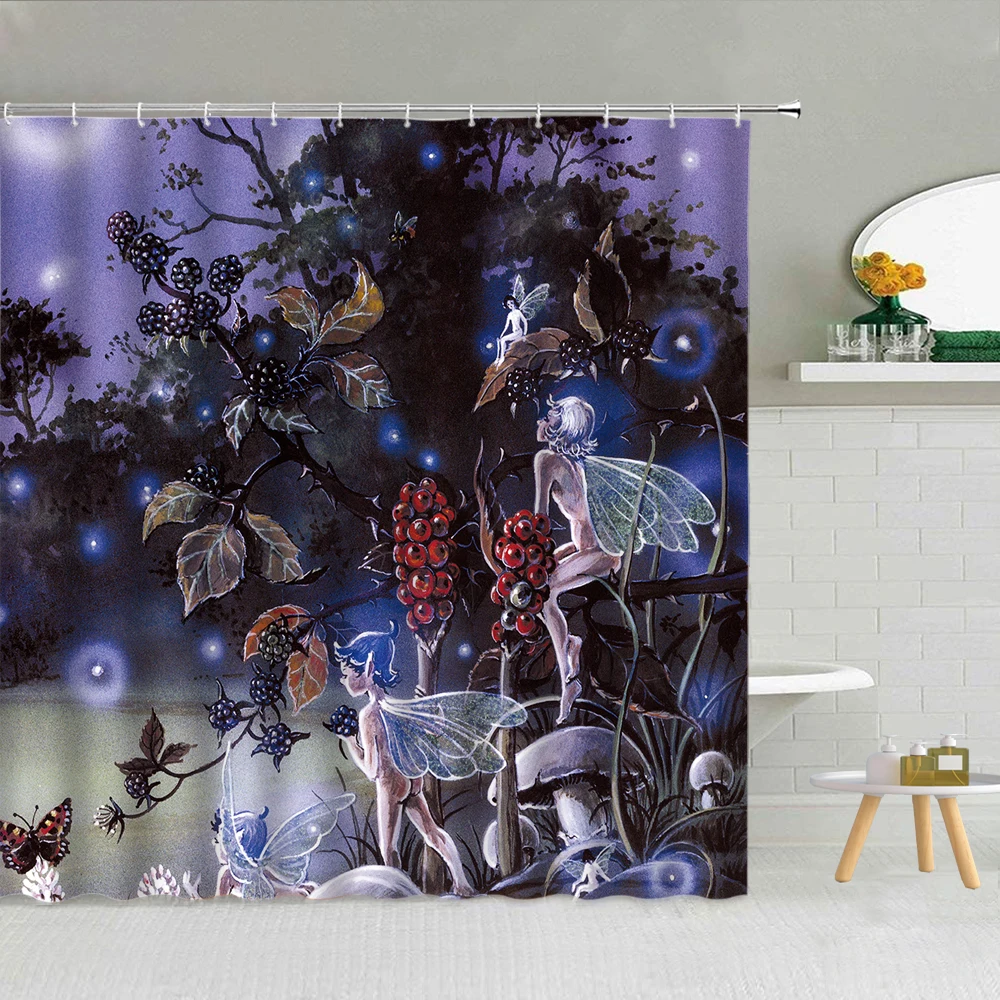Сказочная лесная занавеска для душа с изображением эльфа девочки кролика грибы