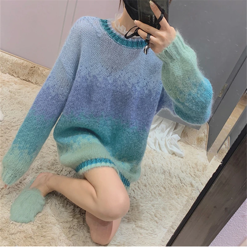 

New Gradient Blue Mohair Knit Sweater Women Autumn Winter Sweet Casual Loose O-Neck Pullovers Female Plus Size Jumpers Top