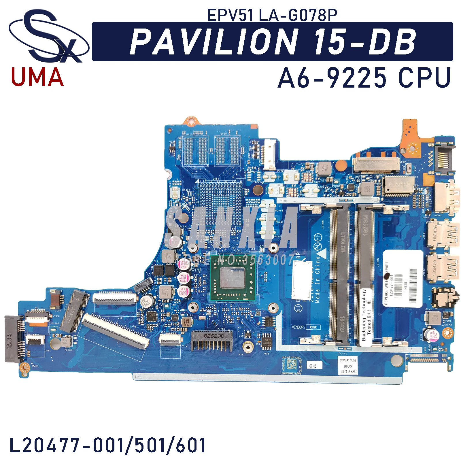 KEFU EPV51 LA-G078P Laptop motherboard for HP Pavillion 15-DB original mainboard UMA A6-9225 CPU L20477-601