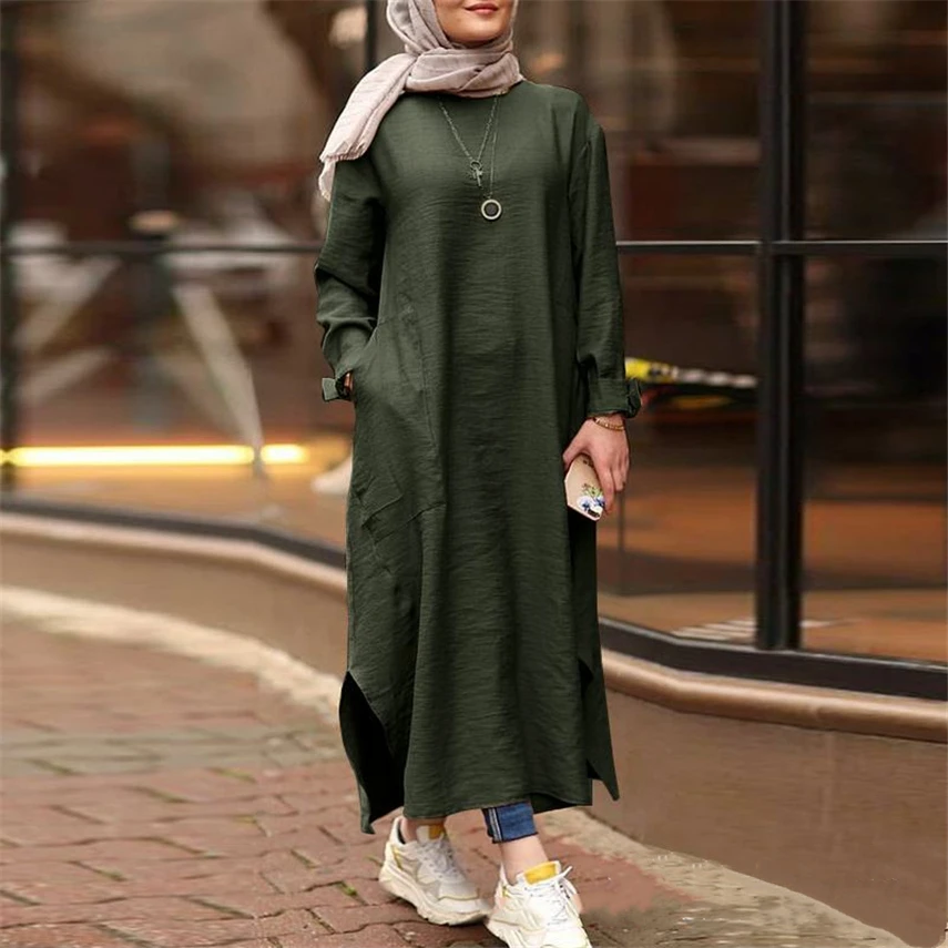 

Cotton Linen Women Dress Abaya Indian Dresses Middle East Turkey Kaftan Islamic Clothing Casual Solid Color Long Robe Maxi Loose