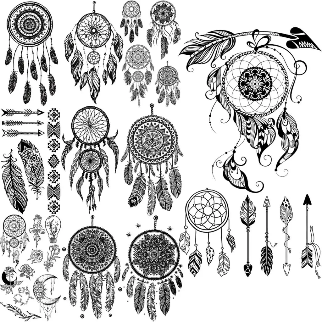 

Черная хна Ловец снов перо стрелка Временные татуировки для женщин реалистичные перо Луна Мандала искусственная Татуировка наклейка на ногу тату