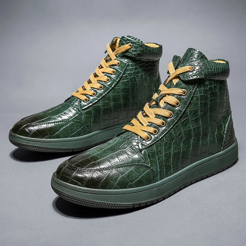 

FIXSYS High Quality Man Ankle Boots Crocodile Pattern Motorcycle Boots Leather Cowboy Shoes Outdoor Mens Martin Boots Work Shoes