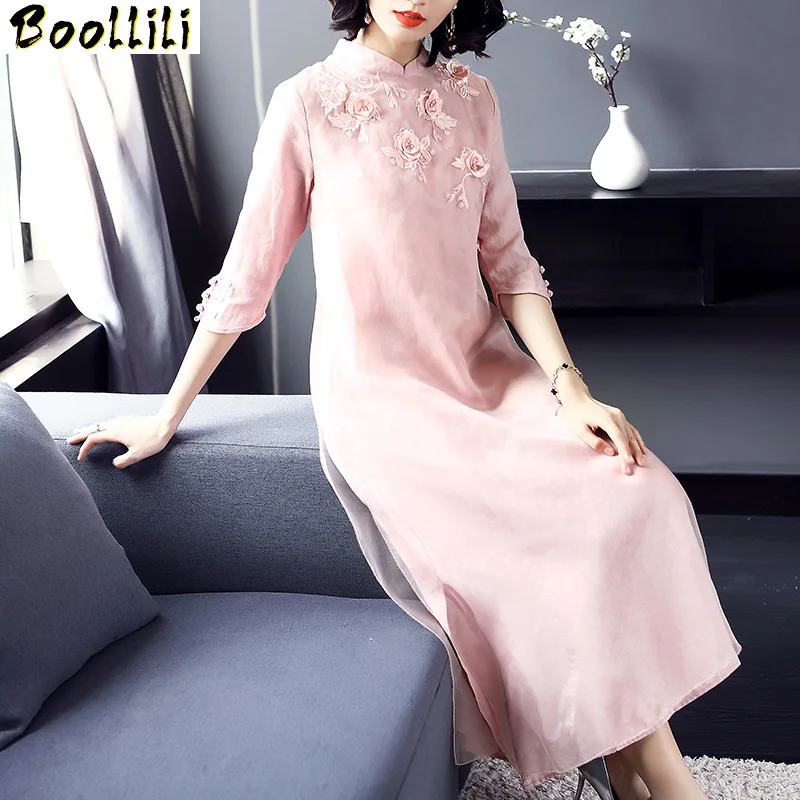 Real Boollili 100% Silk Summer Dress Women Clothes Ladies Dresses Vintage Elegant Maxi Dress 2023 Cheongsam Pink Dress Vestidos