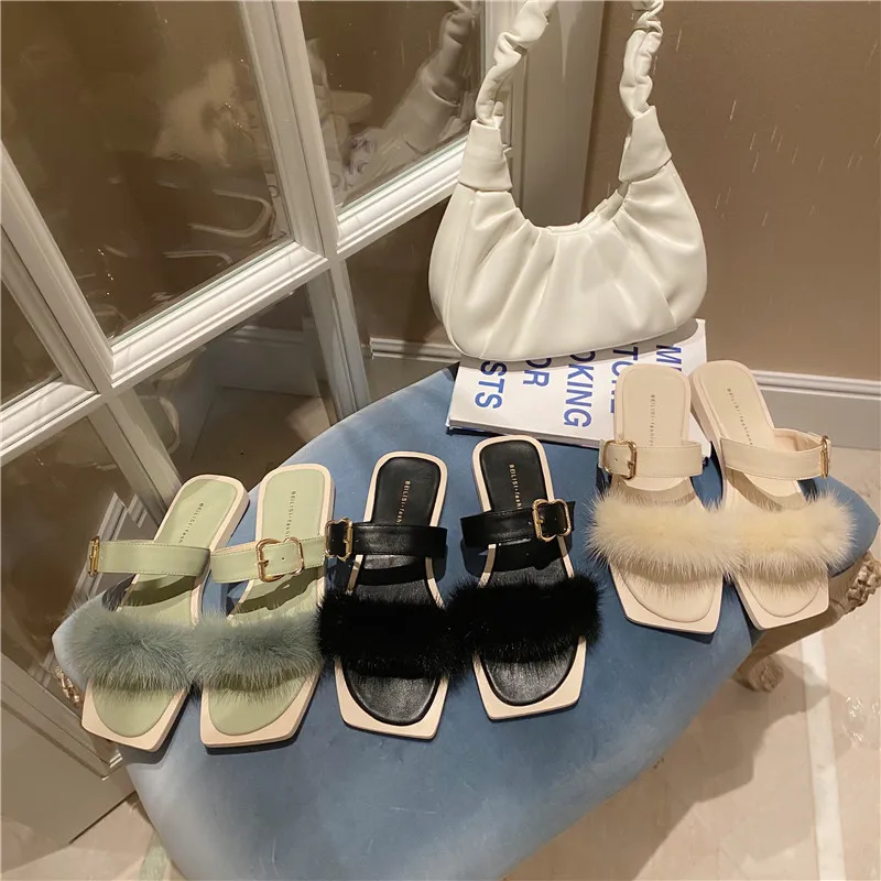 

Mnik Fur Slippers For Women Flat Shoes Soft And Comefortable Luxury Fashionable For Home 100%