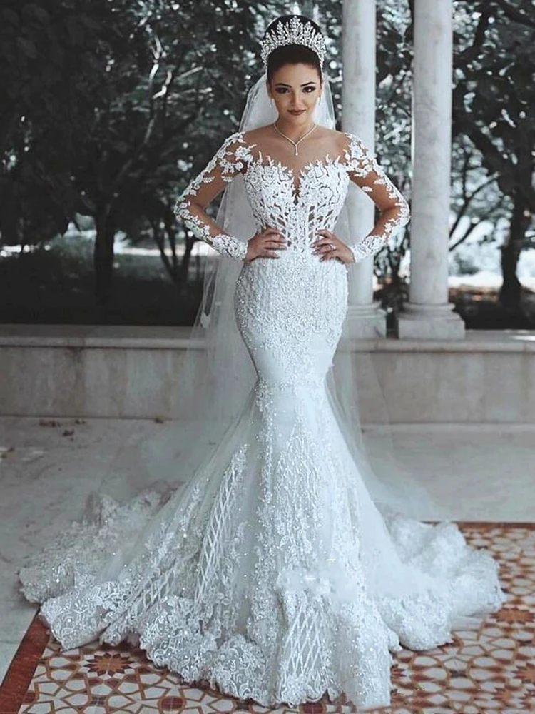 

2021 bridal gown shiny lace wedding dress mermaid illusion corset long sleeve see-through applique on neck