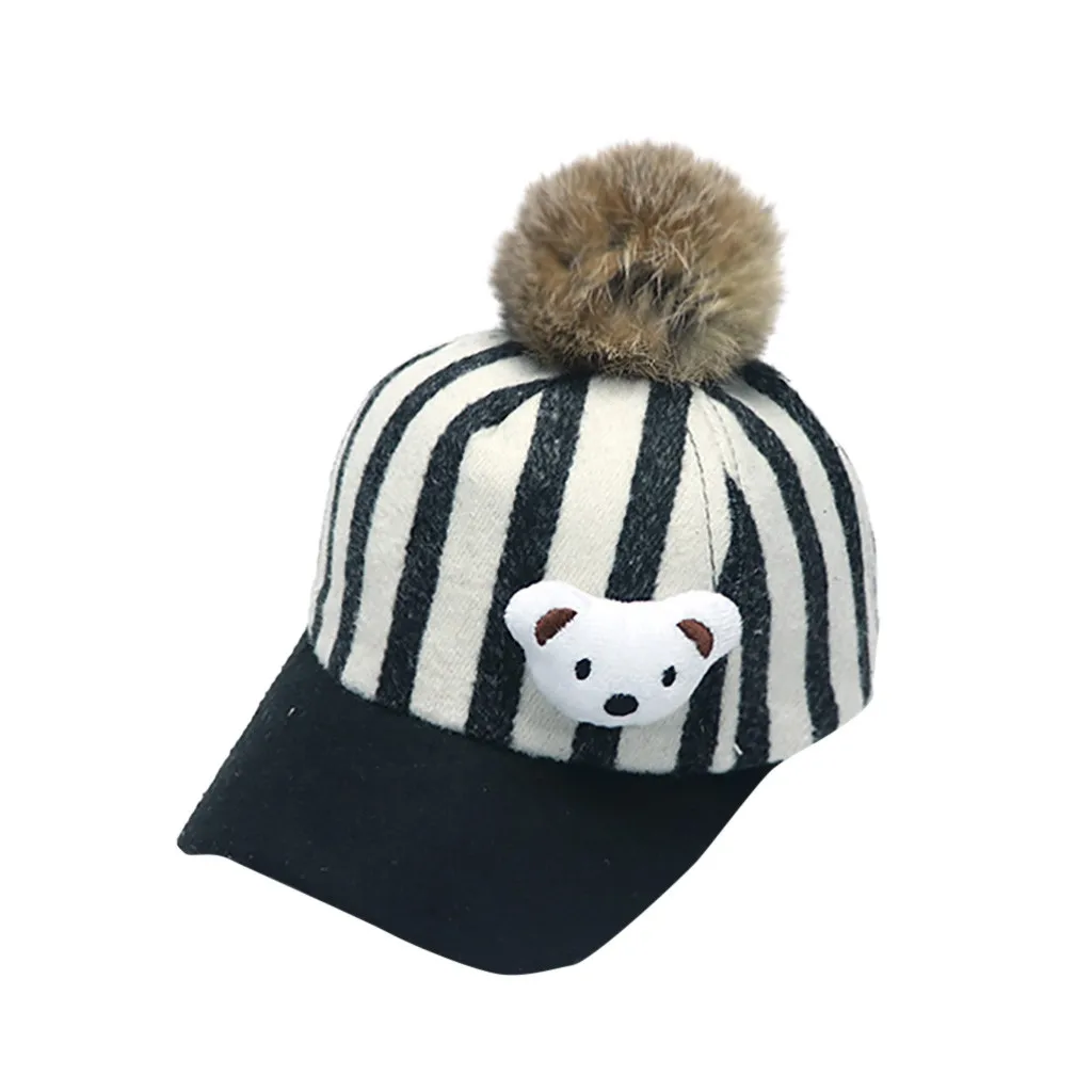 Children Woollen Cloth Stripe Little Bear Hair Ball Baseball Cap Hat Hip Hop Caps Fitted Snapback Cotton sports cap | Аксессуары для