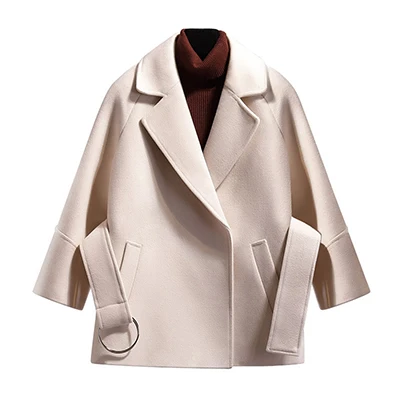 Beige Однотонные шерстяные зимние пальто Для женщин в Корейском стиле с поясом свободного размера плюс куртки Женская мода шерстяное кашемировое пальто Casaco Feminino - Цвет: Beige