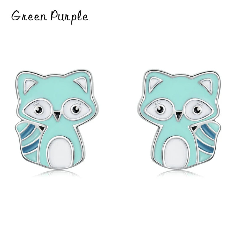

Green Purple Enamel Cute Raccoon Stud Earrings Genuine 100% 925 Sterling Silver for Women & Girls Silver Earring Jewelry Gift