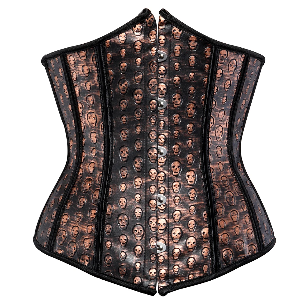 Woman Corsets Brown Faux Leather Corsets and Bustiers Top Overbust Corset Steampunk Corselet With Skull Print Pirate Costume