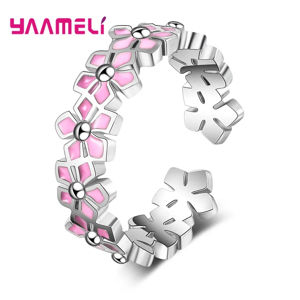 

New Arrival 100% 925 Silver Rings for Women Pink Flower Open Ring Engagement Anniversary Jewelry Floral Summer Women Accessories