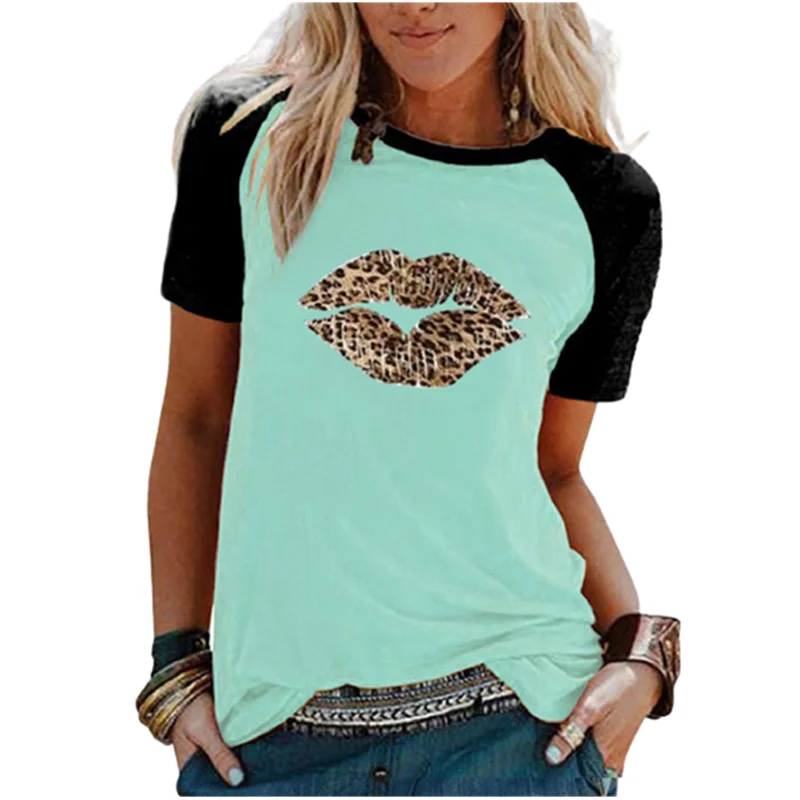 

Fashion Leopard Lip Printed Tops Women Casual Loose T-shirt Tops 2021 New Summer Short Sleeve O-neck Harajuku Lady Pullover Tops