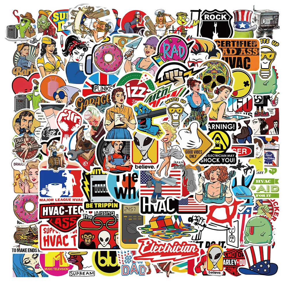10/30/50/100pcs Vintage Street Style Stickers Aesthetic DIY Skateboard Laptop Phone Motorcycle Cartoon Kids Cool Decals - купить по