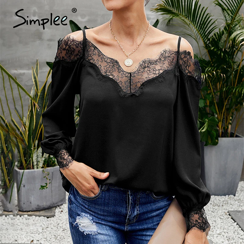 Простая Сексуальная Черная кружевная женская блузка с v образным вырезом