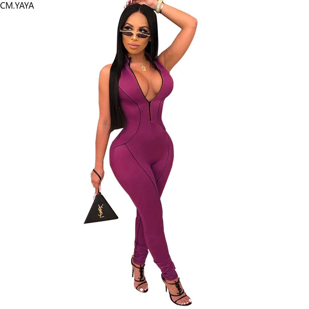women stripes splicing zipper up sleeveless zipper up bodycon long jumpsuit sexy night club party romper playsuit GLAJ4075
