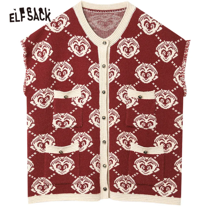 

ELFSACK Monkey King Jacquard Single Breasted Knitted Casual Women Cardigan,2021 Spring Fashion Korean Female Daily Vintage Top
