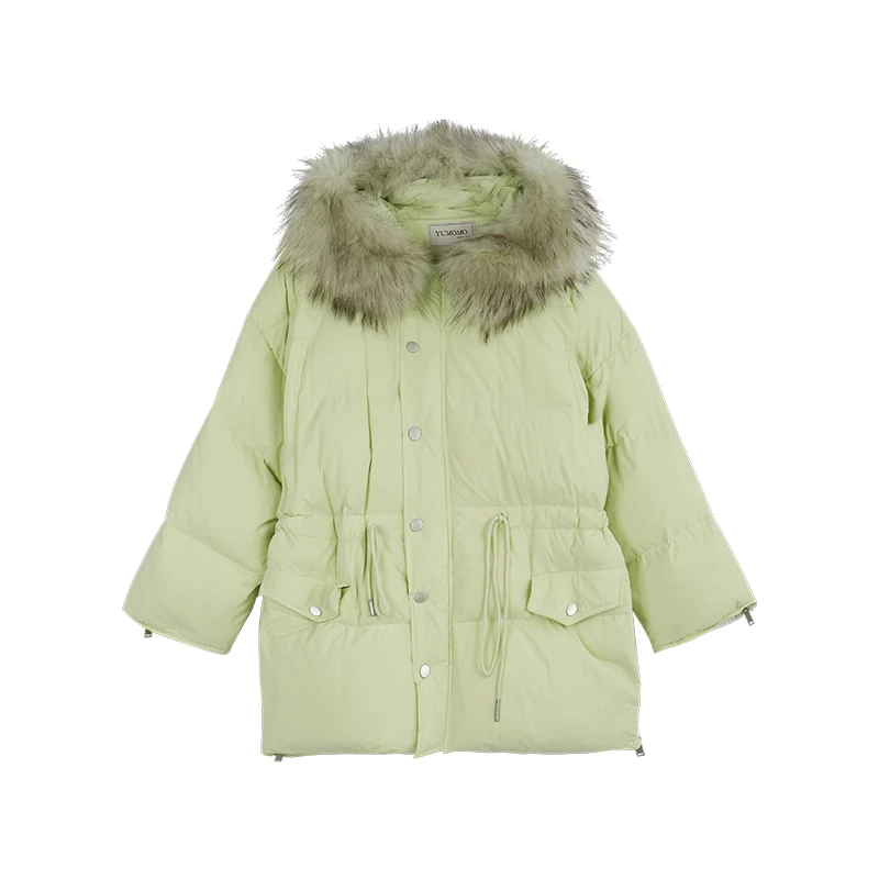 

Ailegogo Winter Women Hooded Natural Fur Collar Long Down Coat 90% White Duck Down Parkas Streetwear Warm Snow Green Outwear