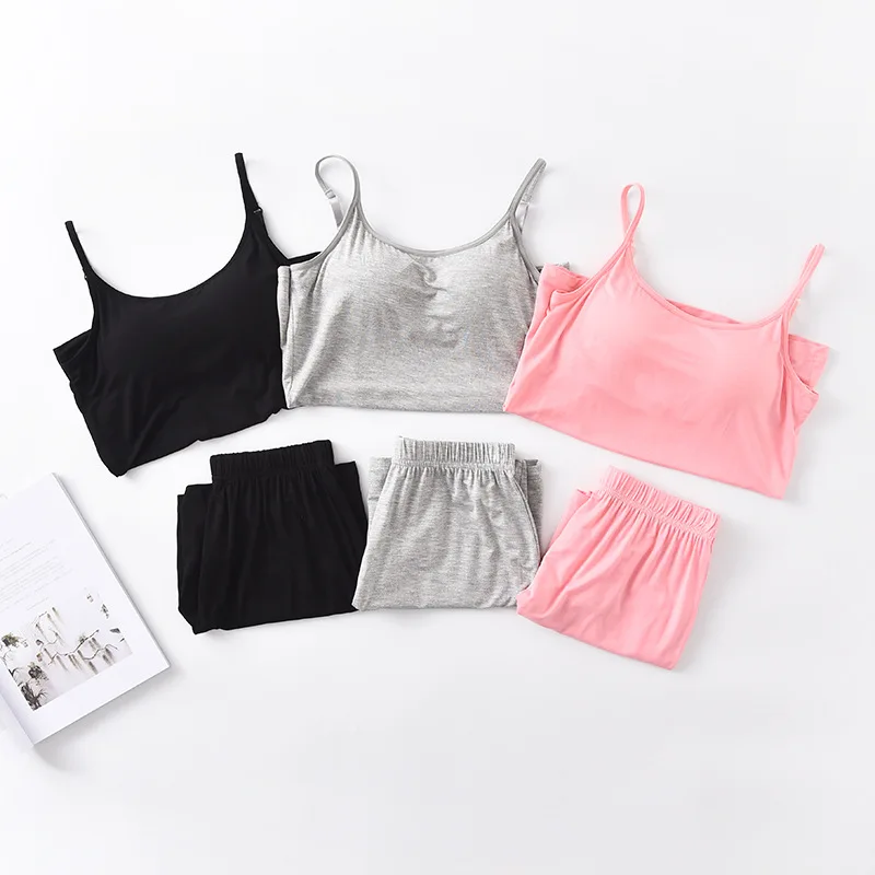 Sanderala Women Modal Sleeveless Bra-T New Pajamas Sets 2020 Summer Padded Top Pants All Match Comfortable Sleepwear Lingerie