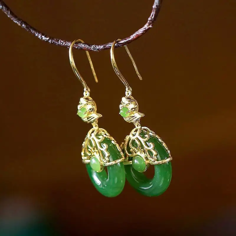 

S925 Sterling Silver Seiko Natural Hetian Jade Green Jade Ring Earring Pendant Trendy Earrings New Original Design Ring