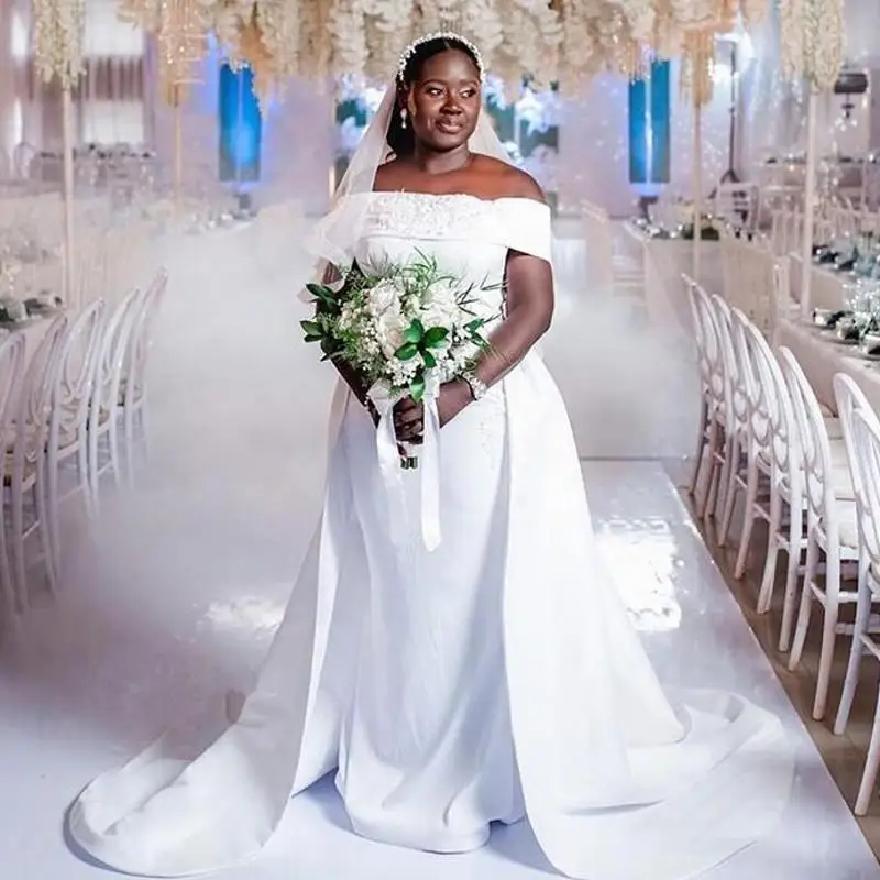 

African Overskirts Mermaid Wedding Dress Plus Size Off shoulder Satin Mermaid Custom Made Gowns Bridal Vestido De Novia