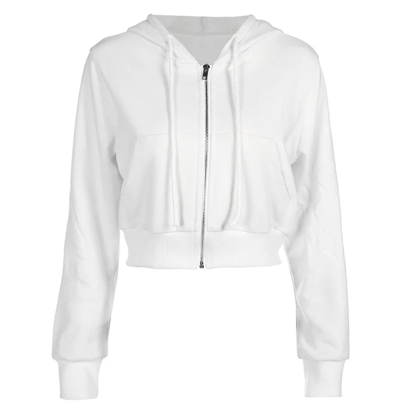 

Zip-up autumn winter women hoodies pockets slim crop jacket female clothes drawstring white sexy hoody cotton coats