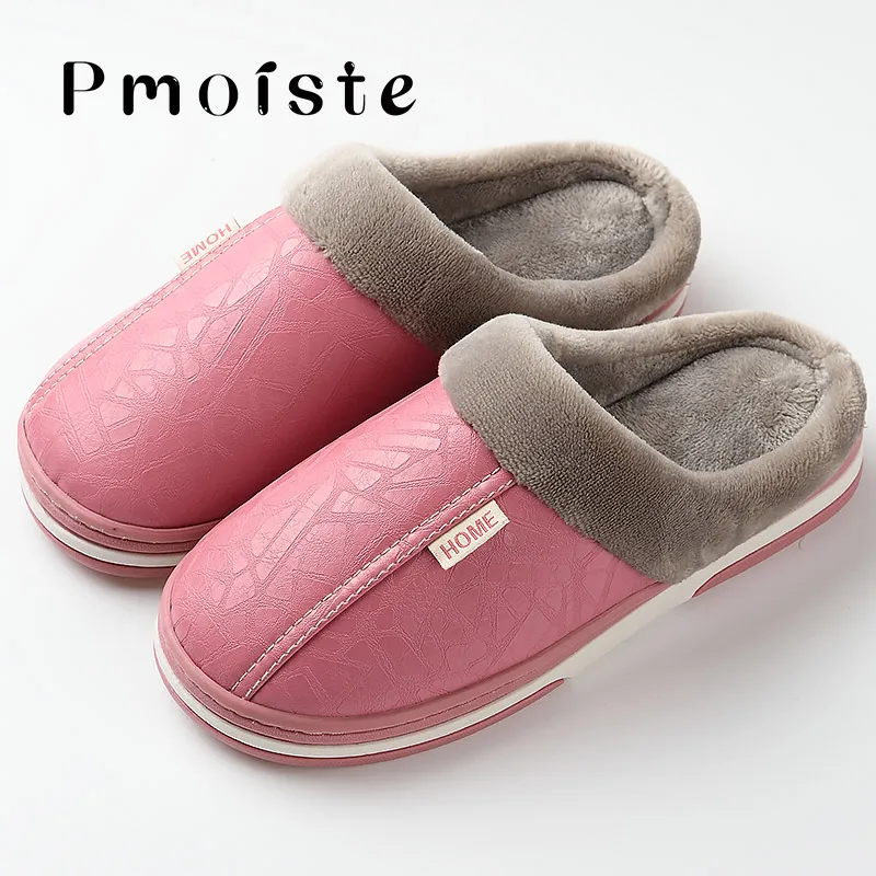 Pink Новинка года; кожаные тапочки; милые женские зимние домашние тапочки размера плюс 40-46; нескользящие домашние женские Тапочки - Цвет: Pink