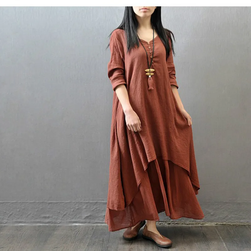 

Plus Size 5XL Cotton Linen Dress Women Clothes Long Sleeve Sundress Vintage Fake Two Pieces Irregular V-neck Long Vestido Robe