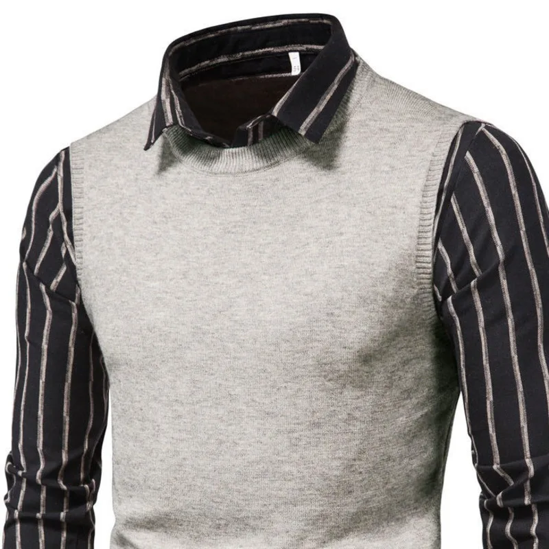 

Men's Sweaters Spring And Autumn Lapel Striped Shirt Fake Two-piece Sweater Business Casual Tops Long-sleeved Slim Pullover Male