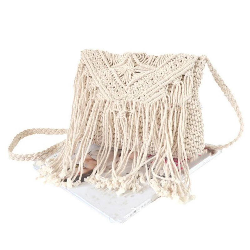 Простая соломенная сумка мессенджер с кисточками в стиле ретро хлопковая тканая