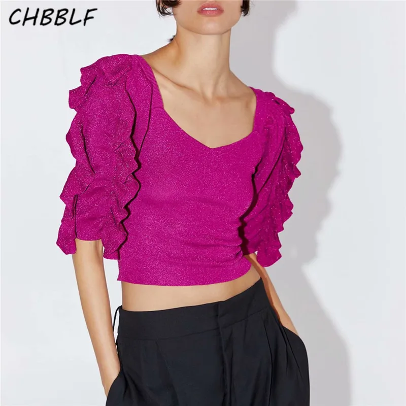 

CHBBLF women stylish short style V neck blouse stretchy butterfly sleeve shirts sweet solid crop tops blusas BGB9463