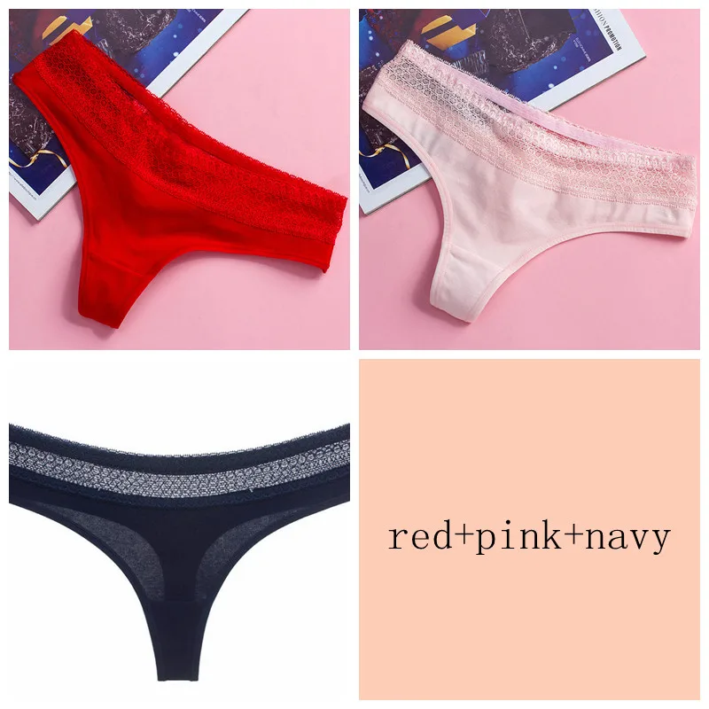 pink red navy 3 шт./лот, женские хлопковые трусики, с вырезами, с кружевной талией, хлопок, g-стринги, щипцы, сексуальные танга, нижнее белье, дамское нижнее белье, штаны - Цвет: pink red navy