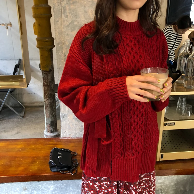 Женское трикотажное платье-свитер с принтом красное свободное платье