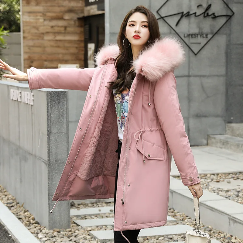 

2020 winter Korean style pie overcoming large size fur liner fur coat mid-length detachable large fur collar cotton coat women