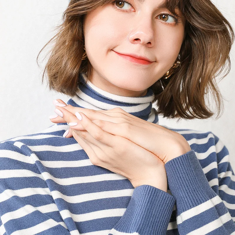 Женский полосатый свитер с высоким воротником повседневный вязаный пуловер