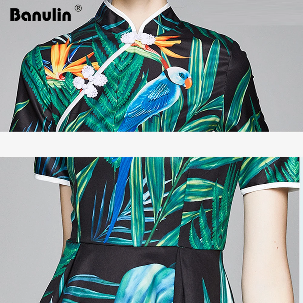 

Banulin Runway Summer Women Mini Dress Female Short Sleeve Jungle Birds Print Cheongsam Bodycon Dress robe ete femme 2020