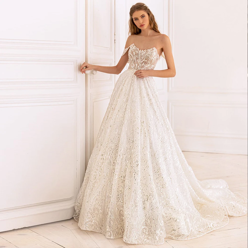 

Sparkly Sequin Lace Wedding Dress For Woman Off Shoulder Luxury Bridal Gown Corset Back Customize Vestido De Novia 2022 A Line