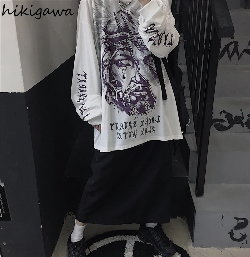

Hikigawa Woman Tshirts Harajuku Character Letter Printing Streetwear BF Women Top O Neck Long Sleeve Gothic Shirts Female 7z063
