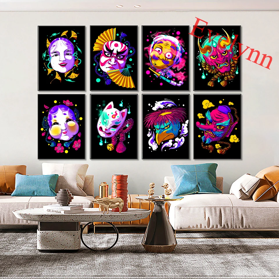

Free Shipping Mask Neon Abstract Poster And Print Kabuki Mask,Hannya,Tengu Mask Art Canvas Painting Wall Picture For Living Room
