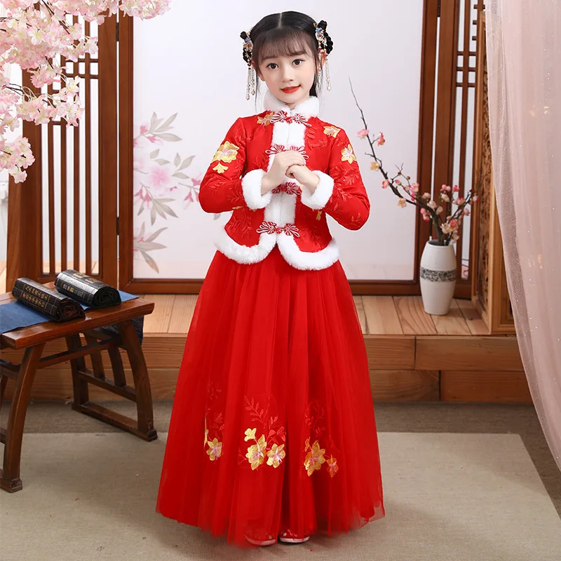 

Winter Chinese Traditional Thick And Quilted Children Ancient Hanfu Girls New Year Outfits Embroidery Kids Perform Costumes