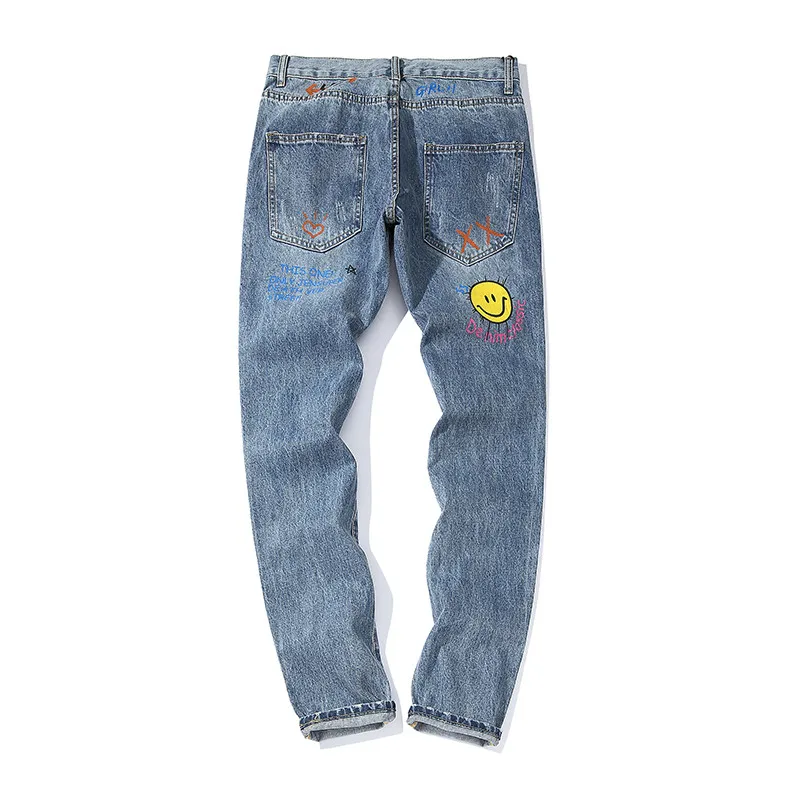 Мужские рваные джинсы с принтом смайлика и граффити уличная одежда в стиле