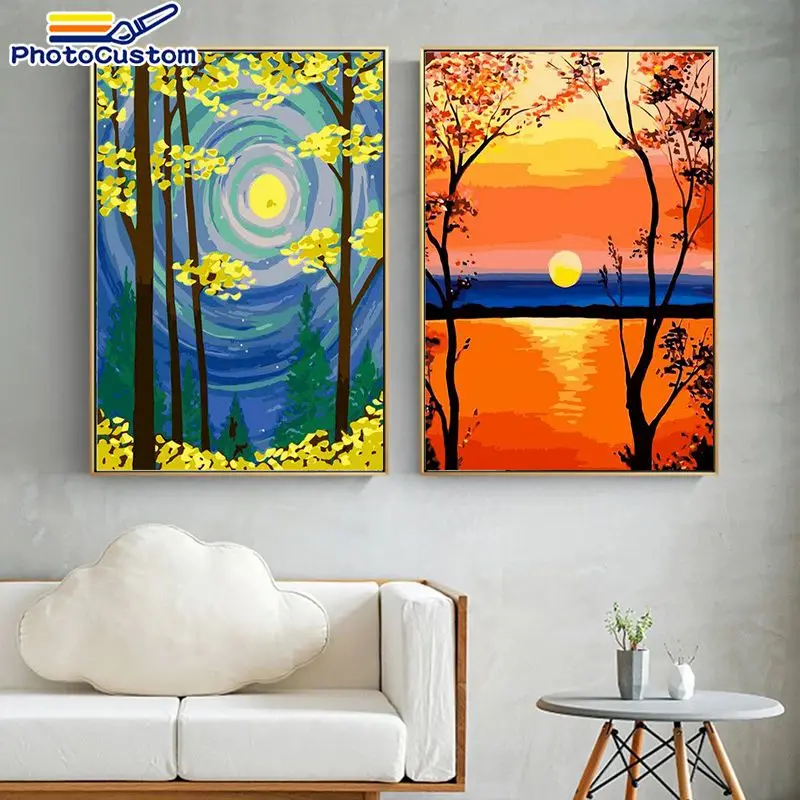 

PhotoCustom paints By Numbers Tree and Moon For Adults and Children Acrylic Picture Home decor gift Landscape 40x50cm