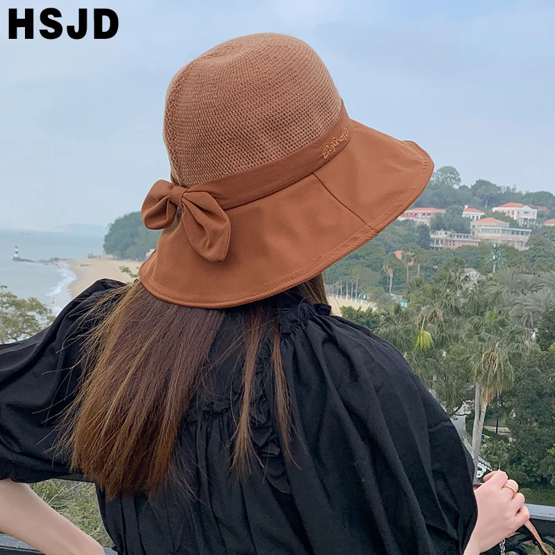 New Spring Summer Women's Sun Hats Lovely Bowknot Floppy Top Bucket Hat Wide Brim Foldable Anti-UV Visor Bonnet Female Cap