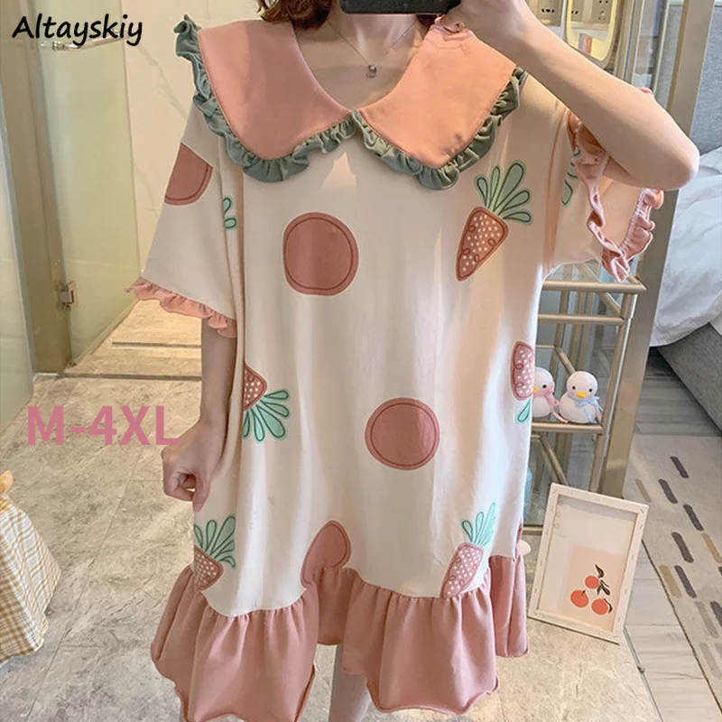 

Ночные рубашки женские Мультяшные оборки оверсайз Kawaii Ulzzang 4 цвета женская домашняя одежда для колледжа милый дизайн Популярная летняя одеж...