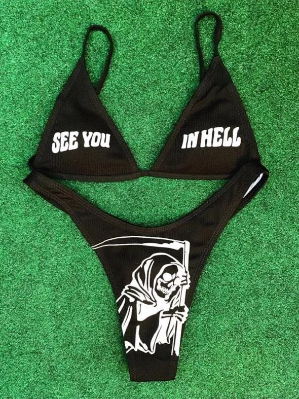 

2021 New Thong High Waist Devil Print White Swimsuit Women Bikini Swimsuit V Waist Bathing Suit Women Sexi Bikini Swimwear