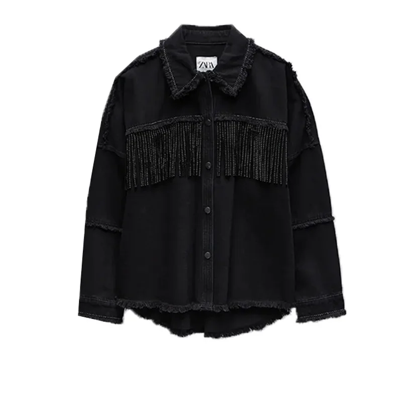 

Za Women's Shirt Jacket With Bejewelled Fringe Collared Long Sleeve Jacket Female Streetwear Fashion Shirt Coat Chic Vintage TRF